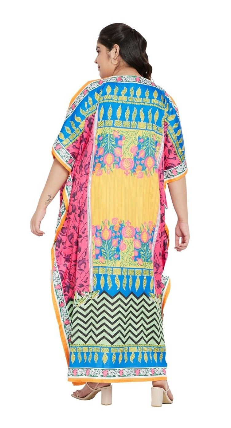 Multicolor boho block-print floral border print polyester plus size kaftan with V-neck — additional angle