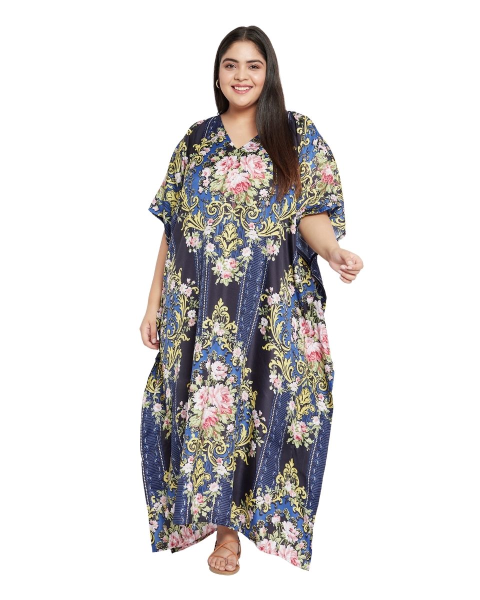 Plus Size Women Floral Pattern Kimono Sleeve Polyester Caftan