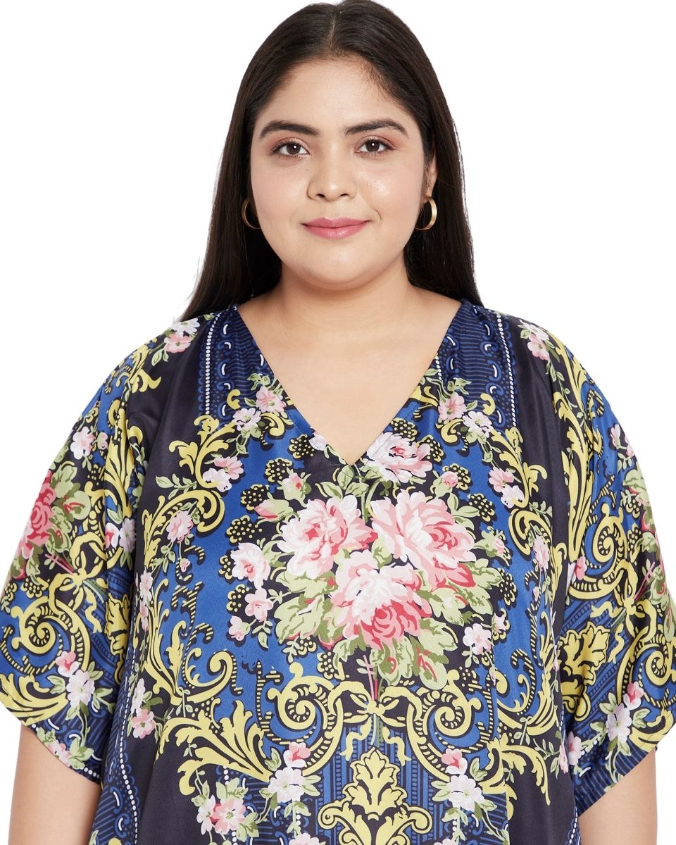 Plus Size Women Floral Pattern Kimono Sleeve Polyester Caftan