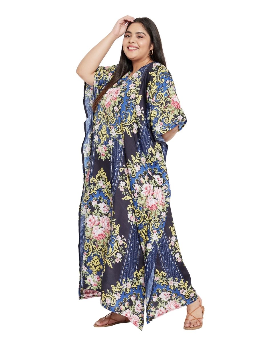 Plus Size Women Floral Pattern Kimono Sleeve Polyester Caftan