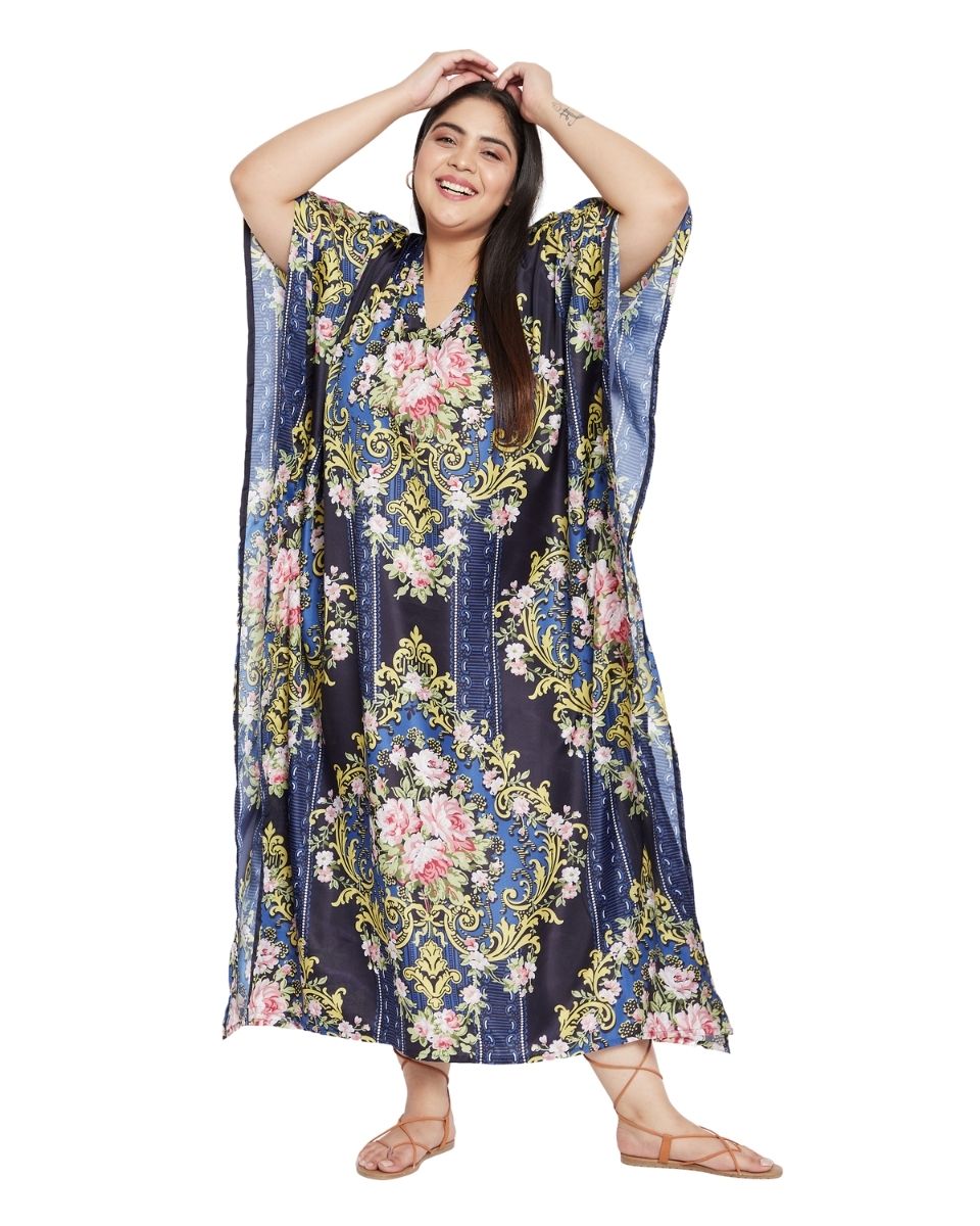 Plus Size Women Floral Pattern Kimono Sleeve Polyester Caftan