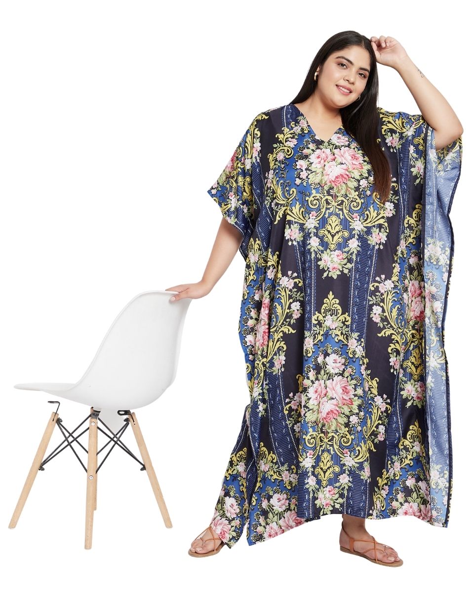 Plus Size Women Floral Pattern Kimono Sleeve Polyester Caftan