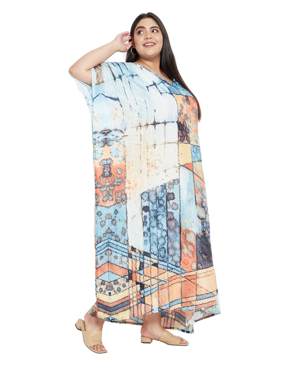 Plus Size Women V-Neck Polyester Kimono Sleeve Multicolor Kaftan