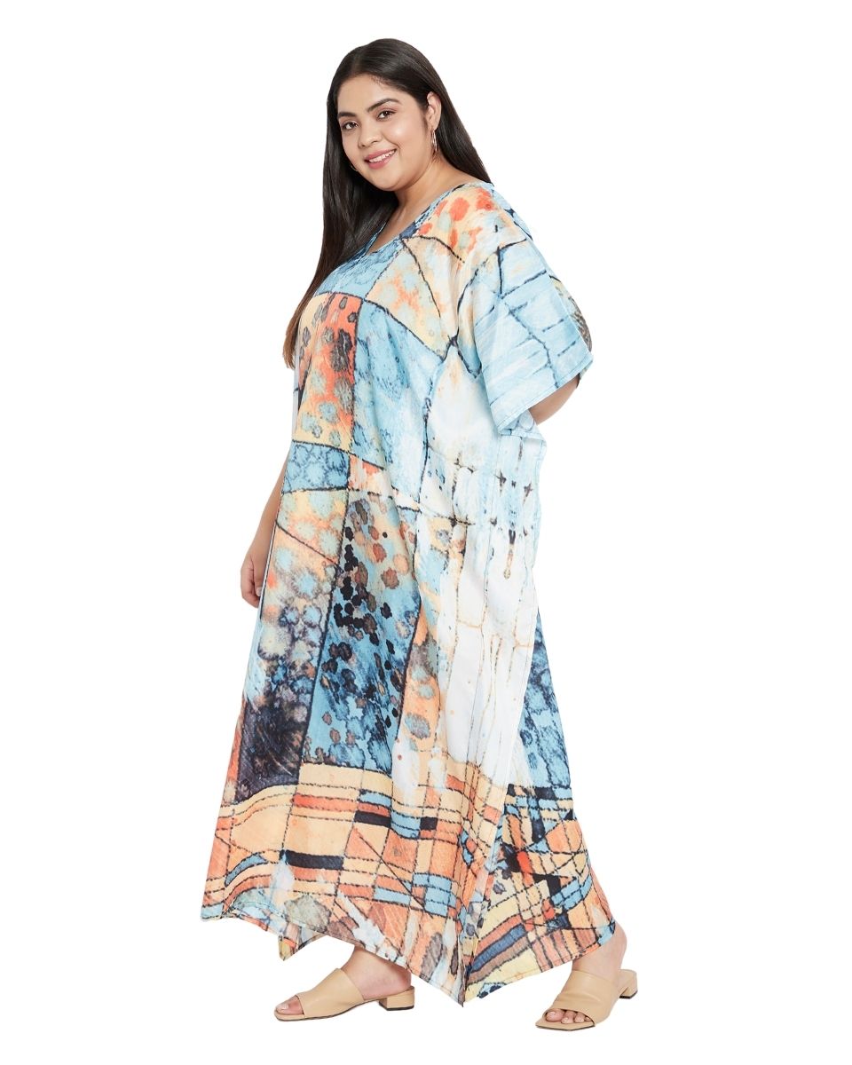 Plus Size Women V-Neck Polyester Kimono Sleeve Multicolor Kaftan