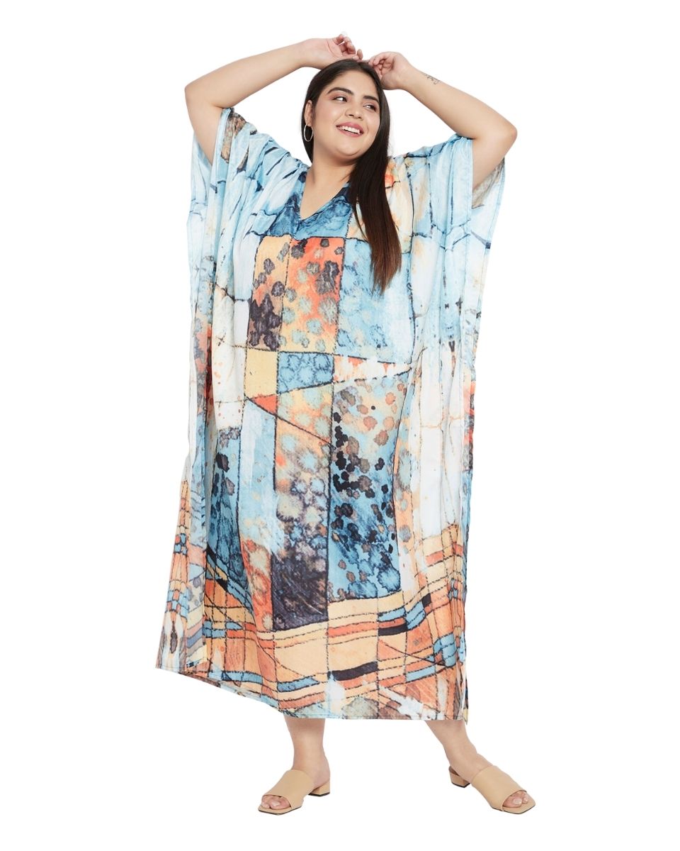 Plus Size Women V-Neck Polyester Kimono Sleeve Multicolor Kaftan