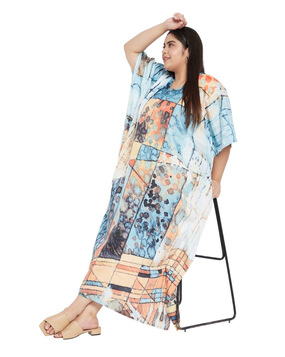 Plus Size Women V-Neck Polyester Kimono Sleeve Multicolor Kaftan