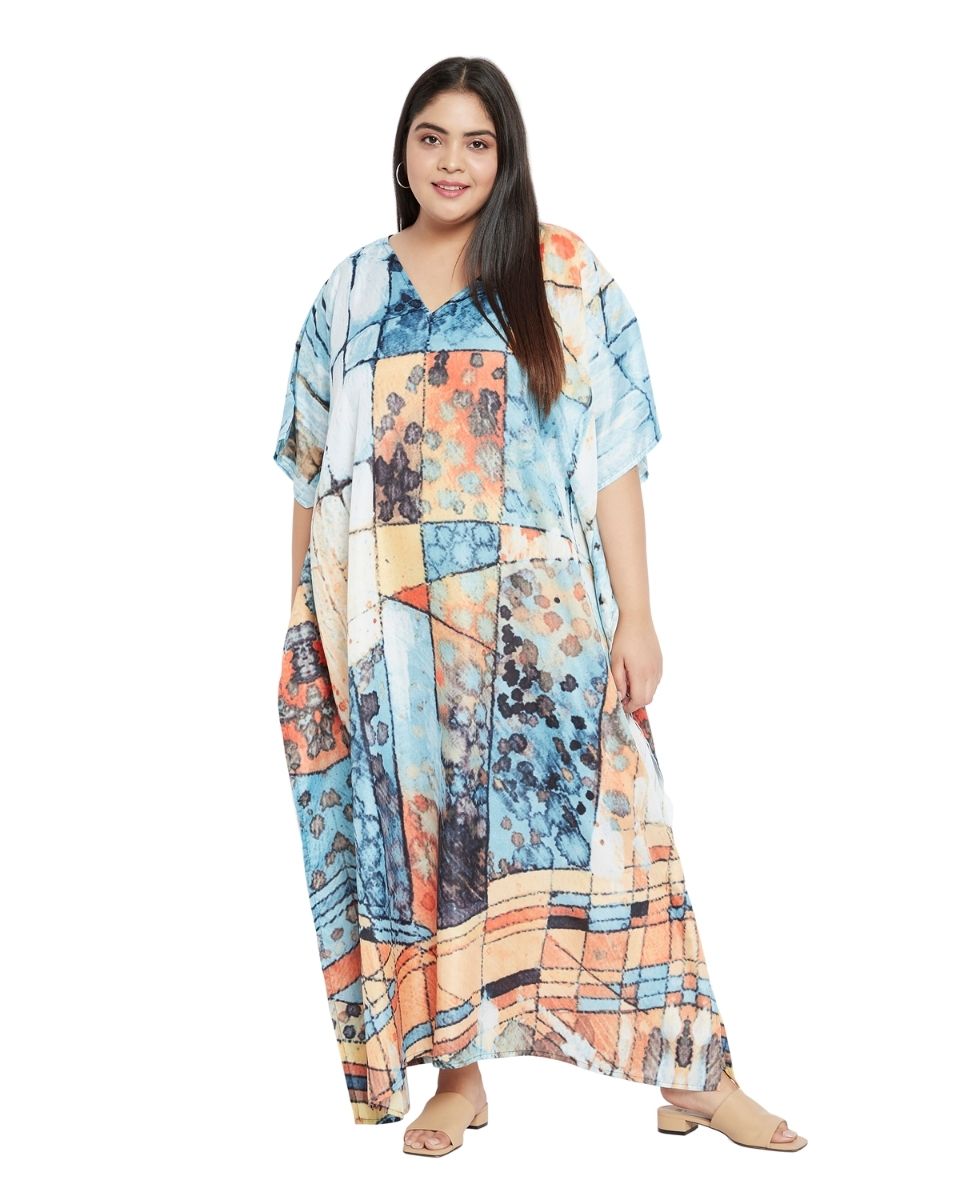 Plus Size Women V-Neck Polyester Kimono Sleeve Multicolor Kaftan