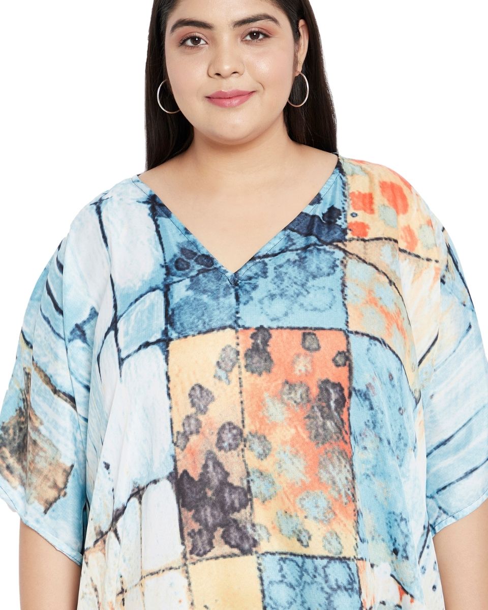 Plus Size Women V-Neck Polyester Kimono Sleeve Multicolor Kaftan