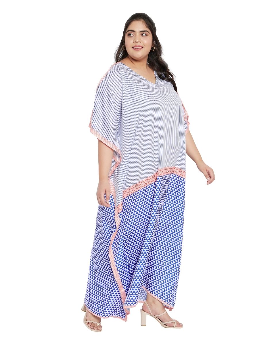 Blue And White Kimono Sleeve Polyester Kaftan For Plus Size Women