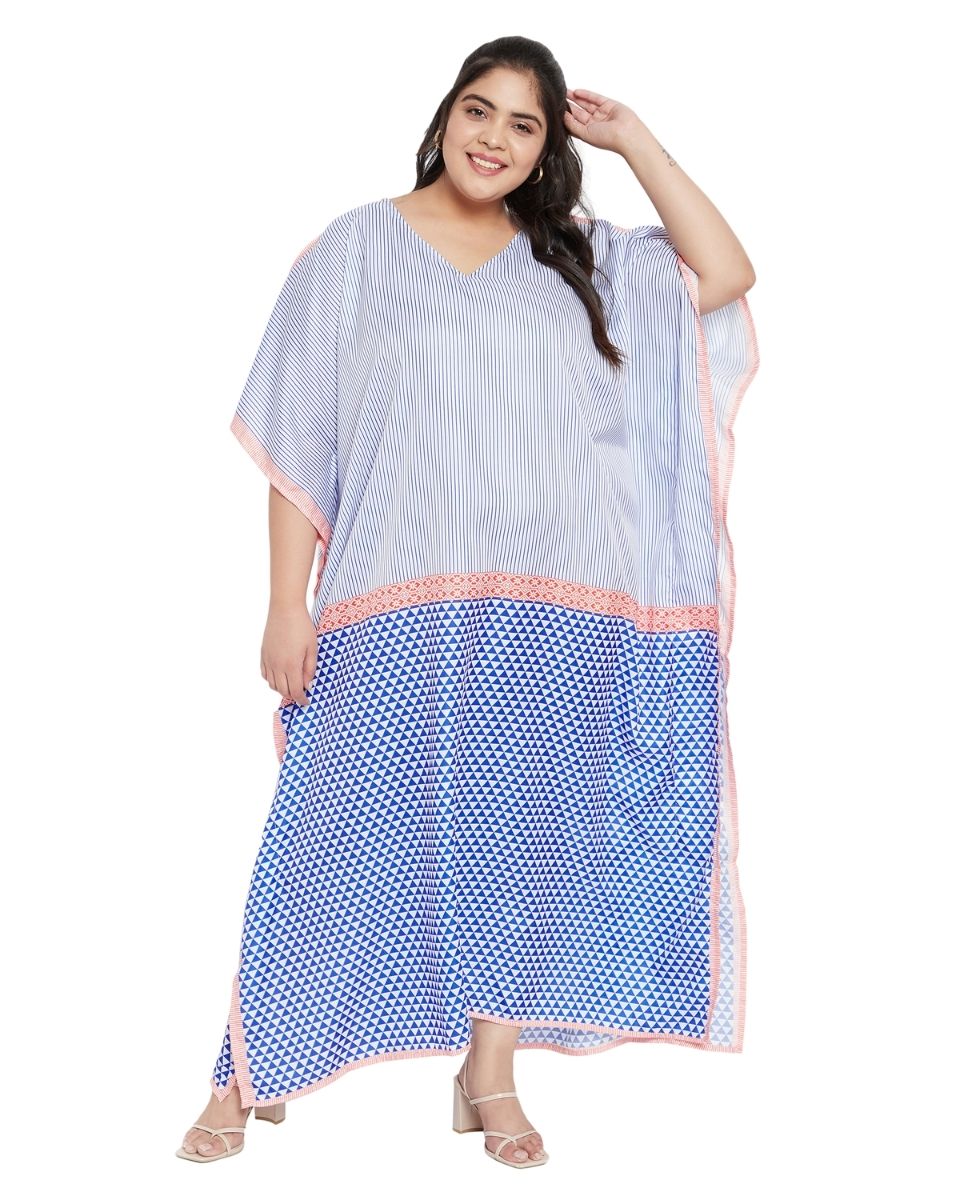 Blue And White Kimono Sleeve Polyester Kaftan For Plus Size Women