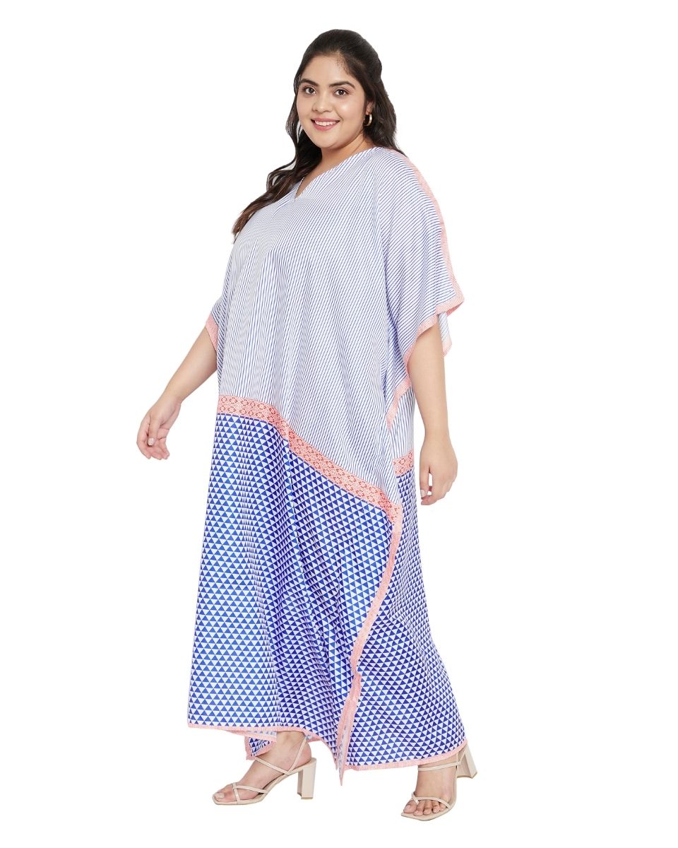 Blue And White Kimono Sleeve Polyester Kaftan For Plus Size Women