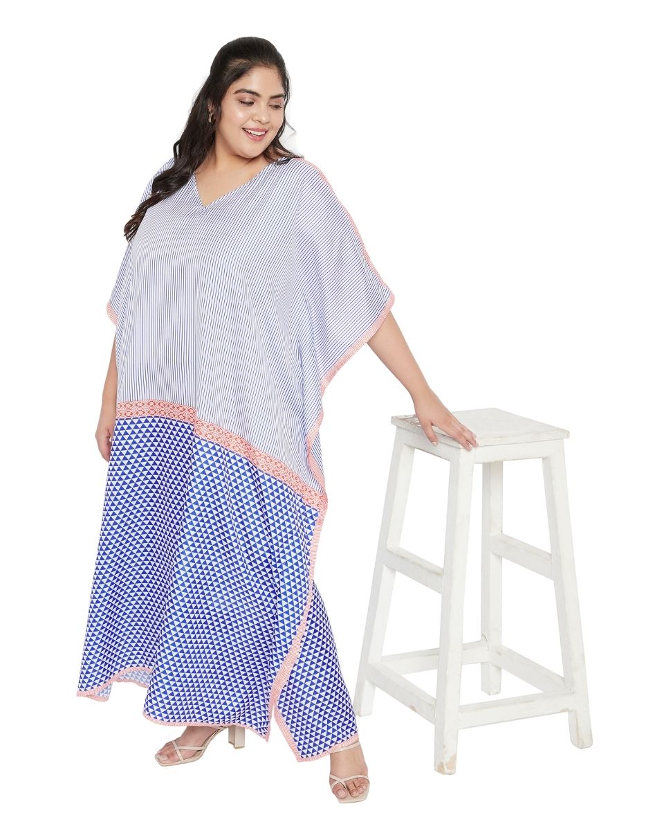 Blue And White Kimono Sleeve Polyester Kaftan For Plus Size Women