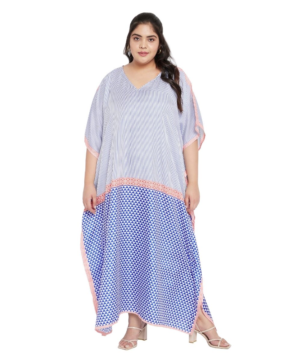 Blue And White Kimono Sleeve Polyester Kaftan For Plus Size Women