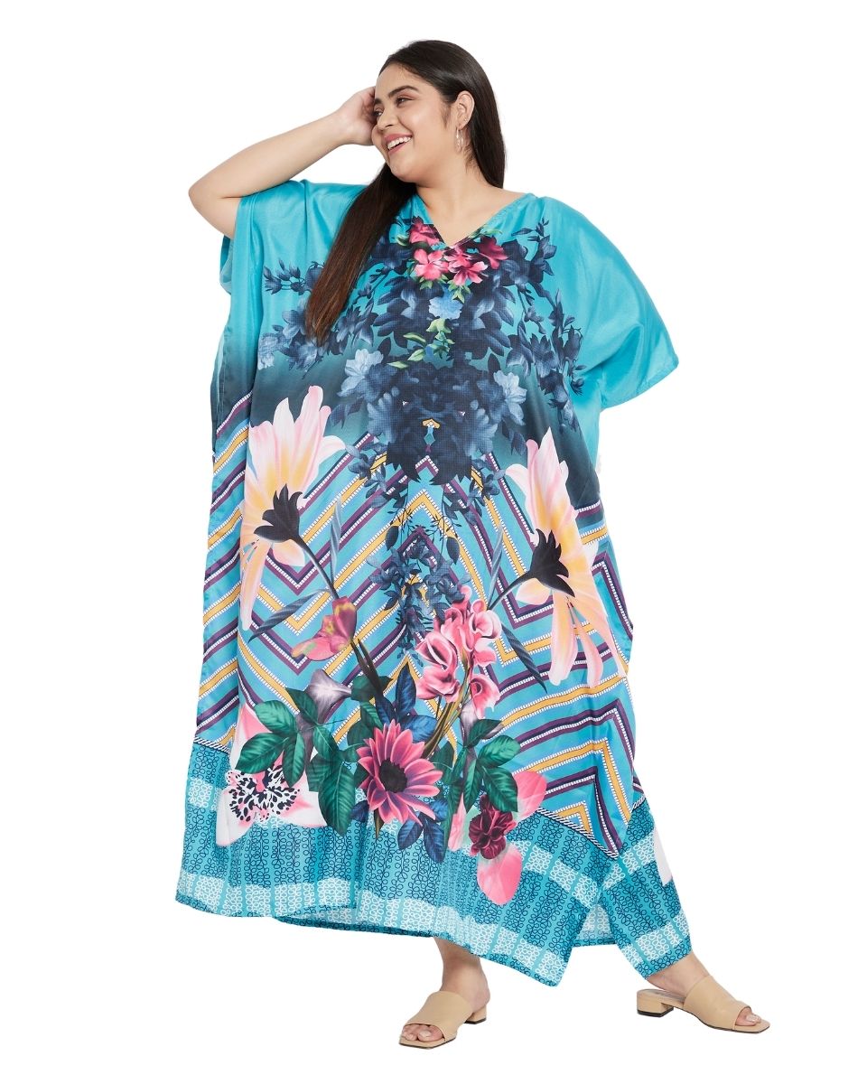 Patten Floral Plus Size Kimono Sleeve Polyester Kaftan For Women