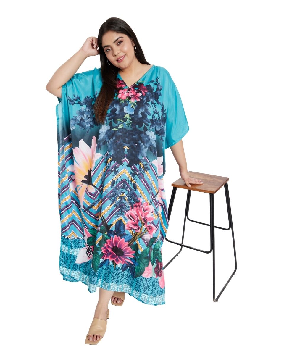 Patten Floral Plus Size Kimono Sleeve Polyester Kaftan For Women