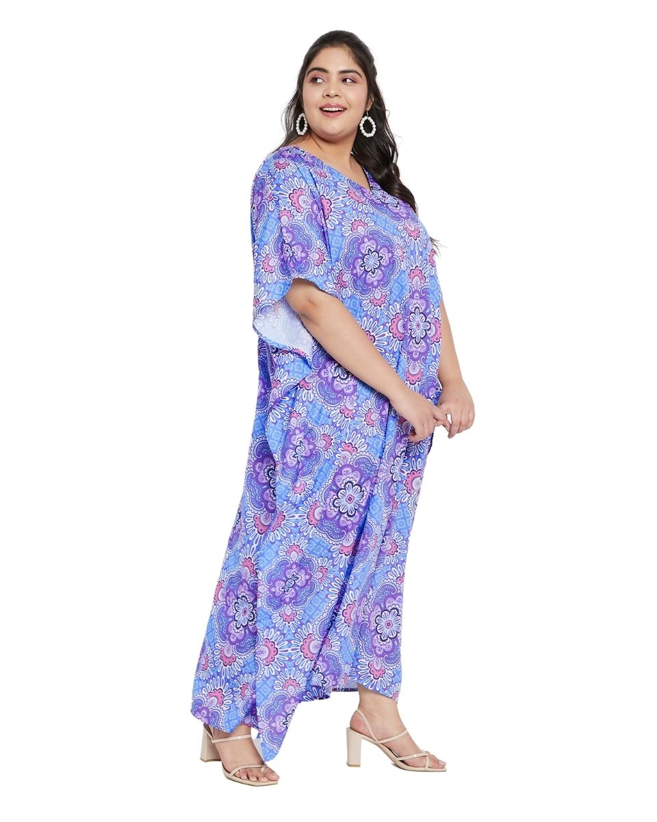 Color Purple Floral Pattern Kimono Kaftan For Plus Size Women