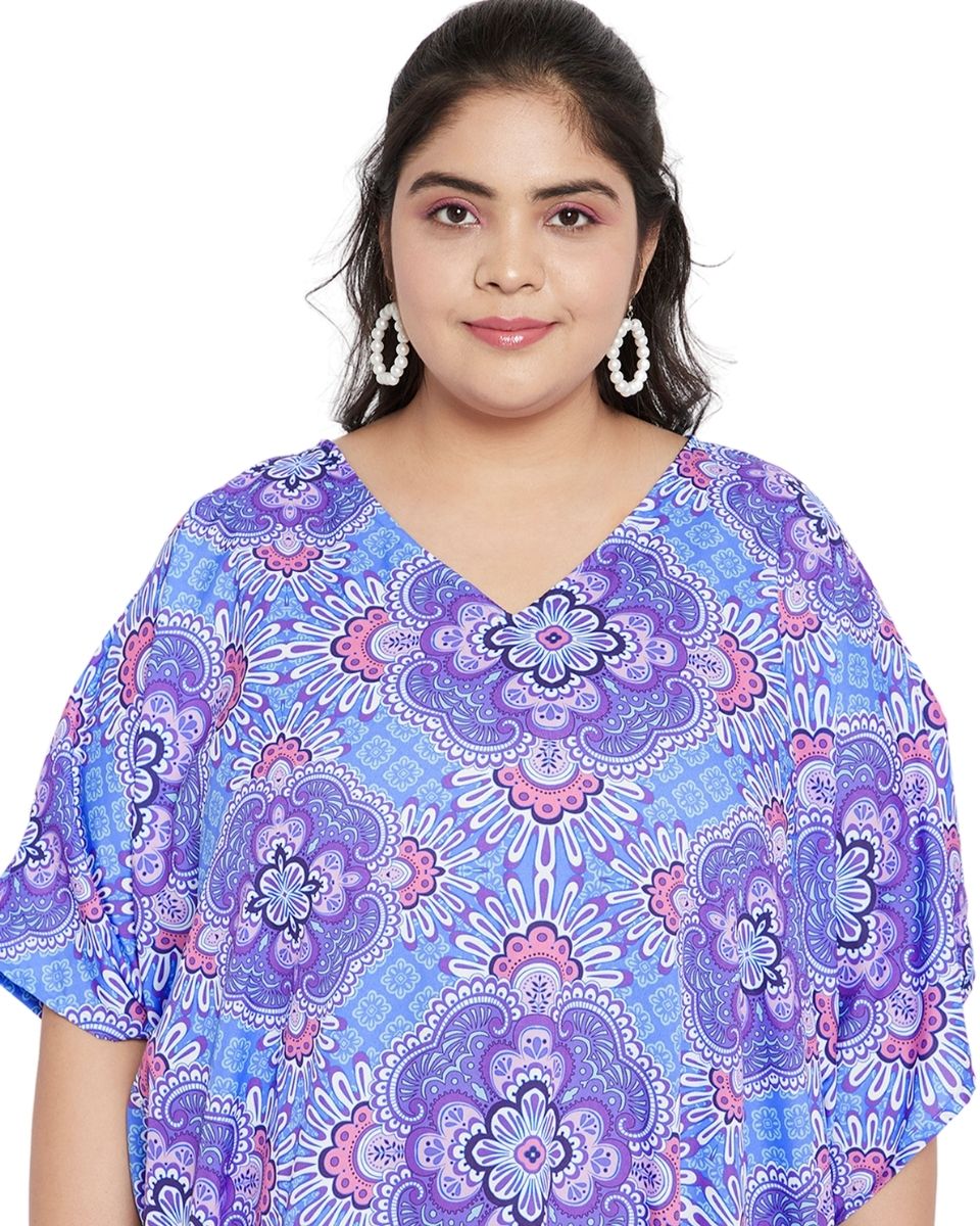 Color Purple Floral Pattern Kimono Kaftan For Plus Size Women