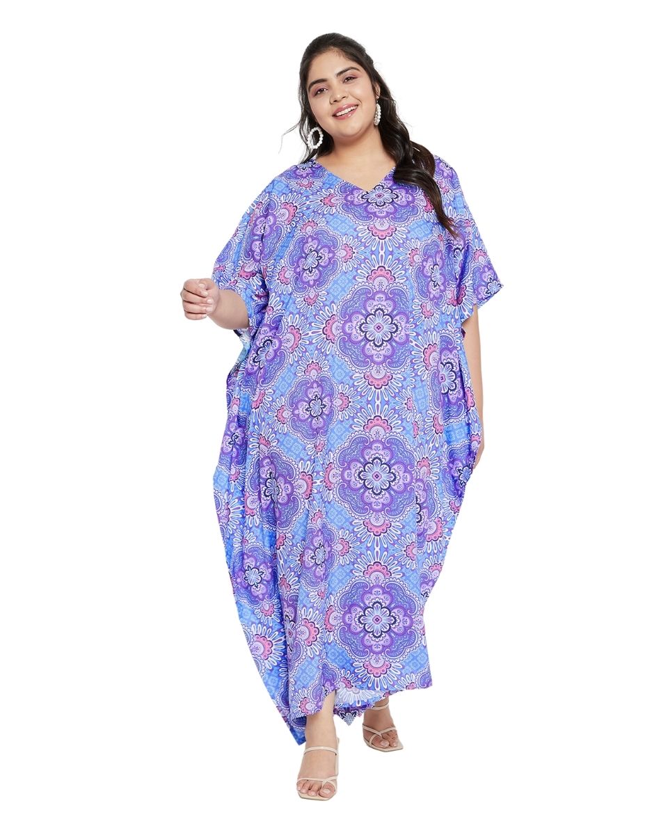 Color Purple Floral Pattern Kimono Kaftan For Plus Size Women