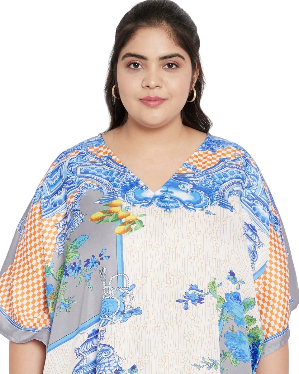 Polyester Floral Pattern Kimono Sleeve Kaftan For Plus Size Women