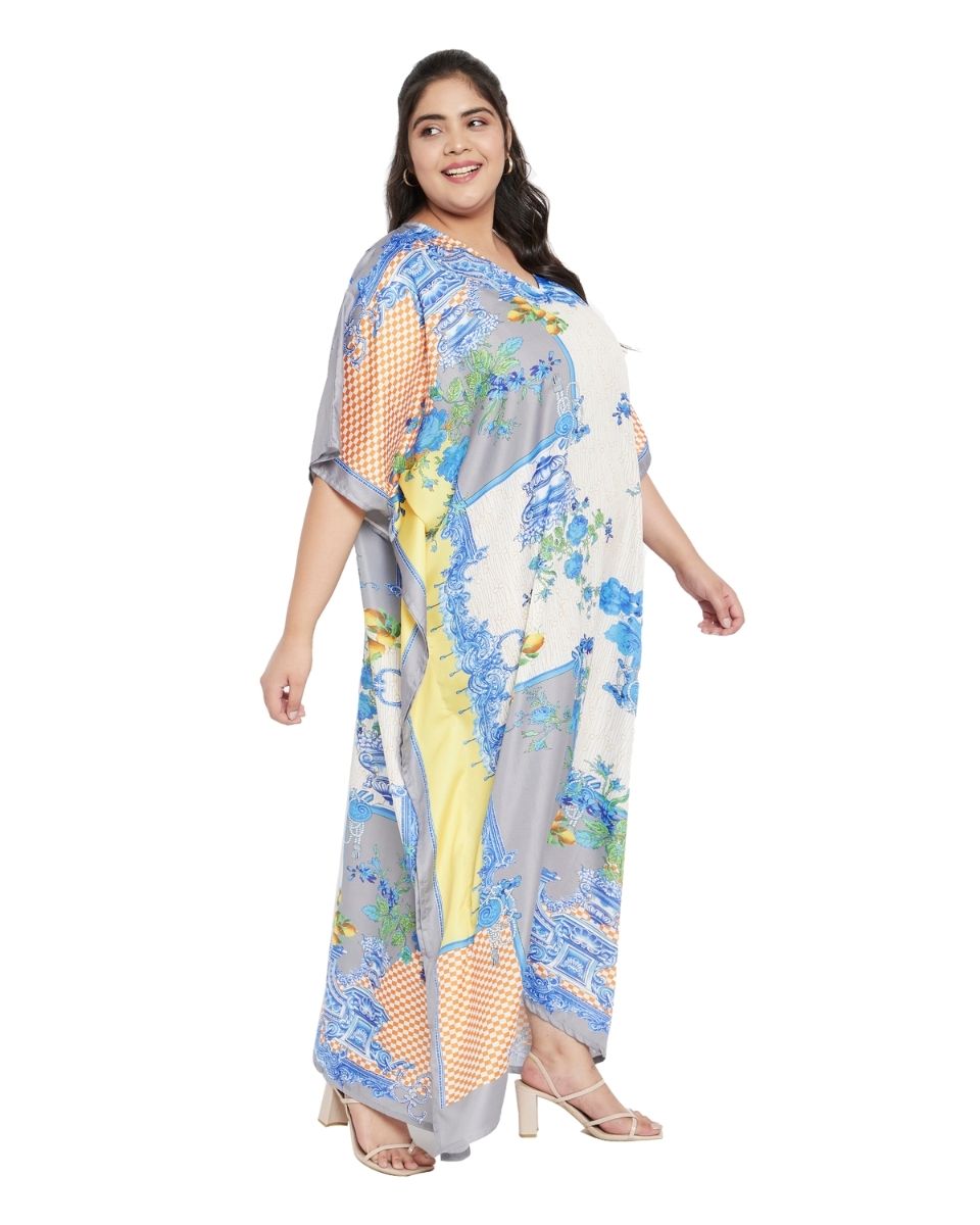 Polyester Floral Pattern Kimono Sleeve Kaftan For Plus Size Women