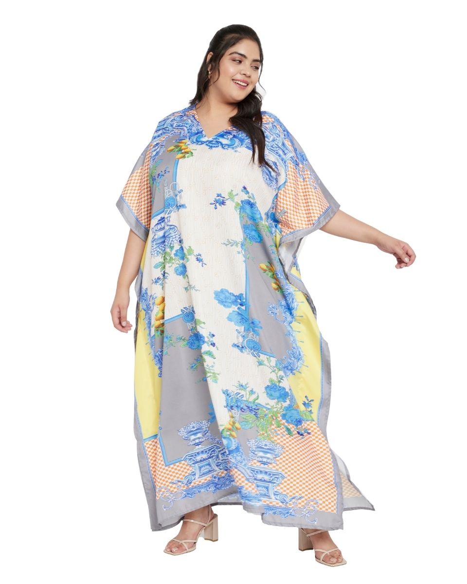 Polyester Floral Pattern Kimono Sleeve Kaftan For Plus Size Women