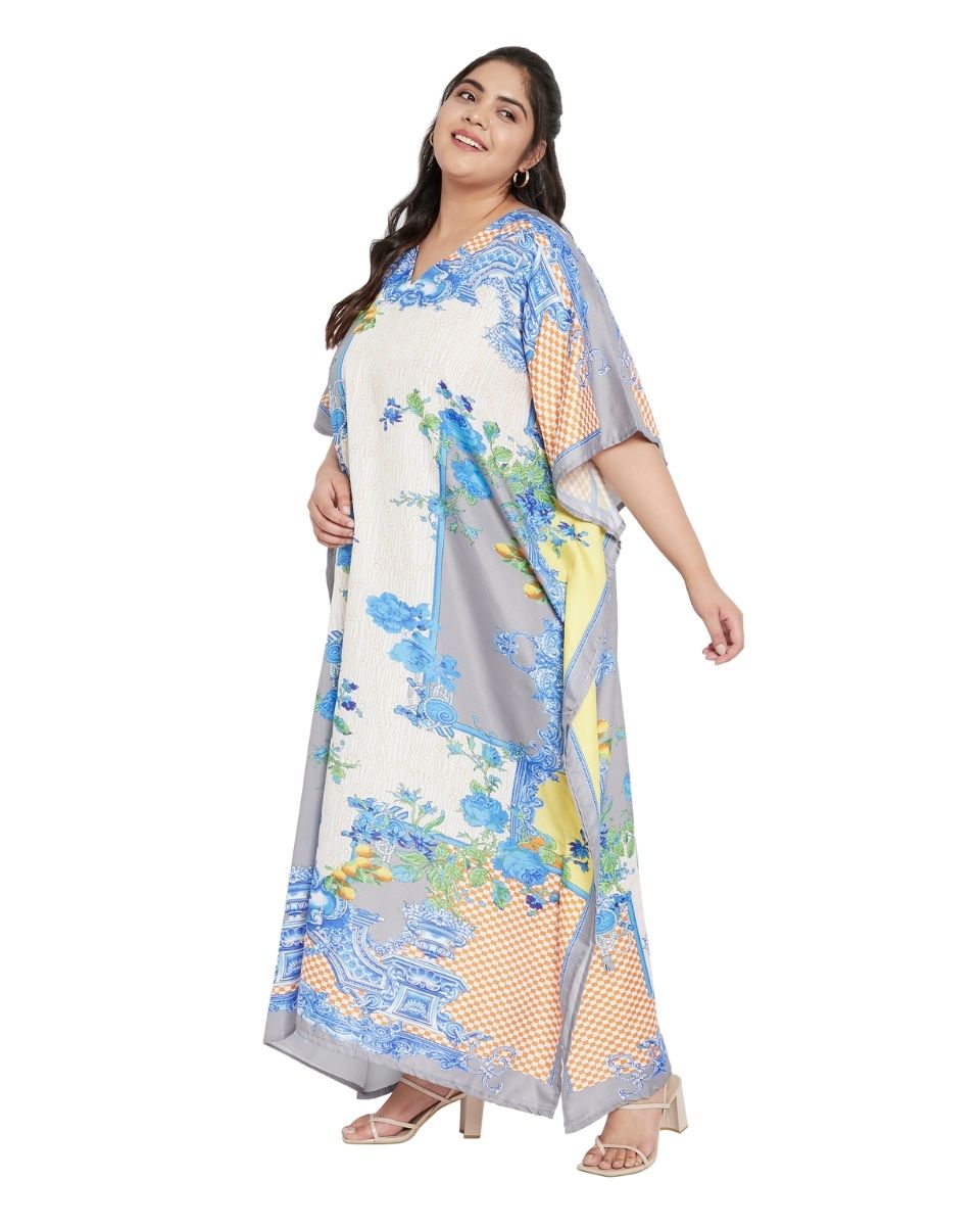 Polyester Floral Pattern Kimono Sleeve Kaftan For Plus Size Women