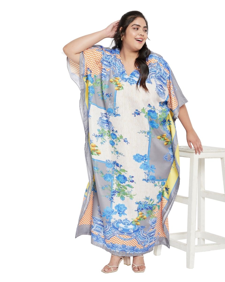 Polyester Floral Pattern Kimono Sleeve Kaftan For Plus Size Women