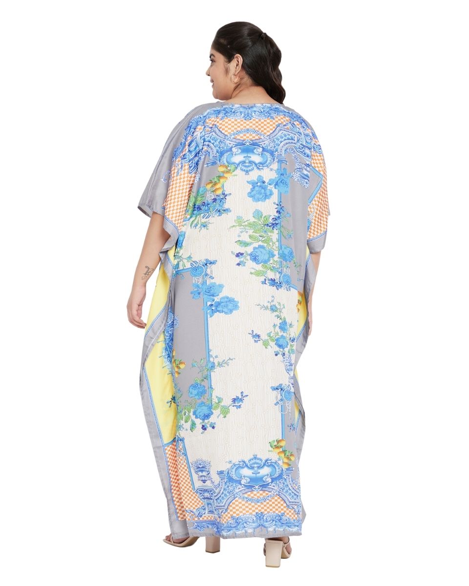 Polyester Floral Pattern Kimono Sleeve Kaftan For Plus Size Women