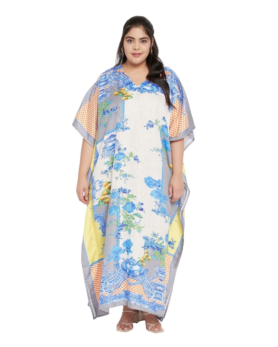 Polyester Floral Pattern Kimono Sleeve Kaftan For Plus Size Women