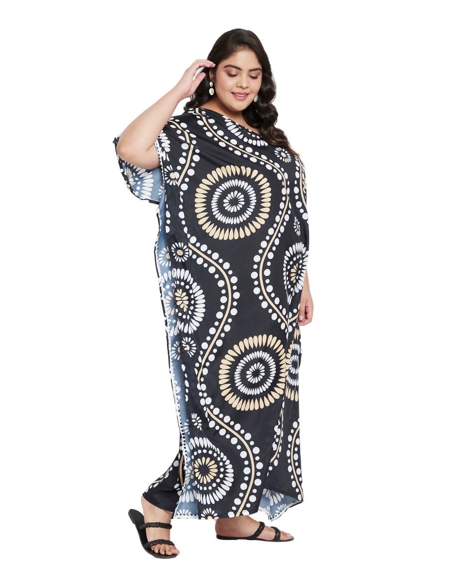 Kimono Sleeve For Plus Size Women Black Floral Pattern Kaftan