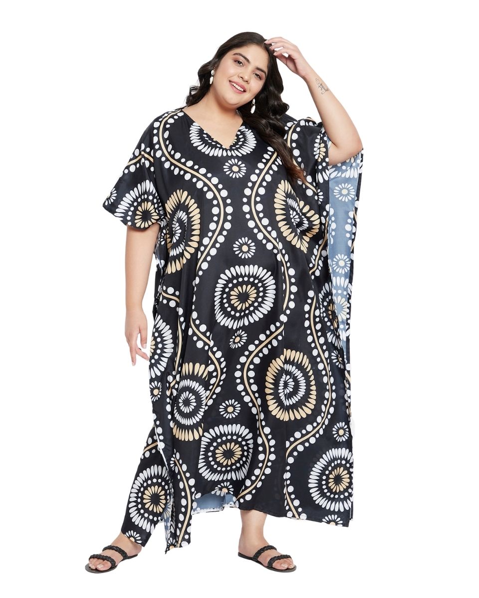 Kimono Sleeve For Plus Size Women Black Floral Pattern Kaftan