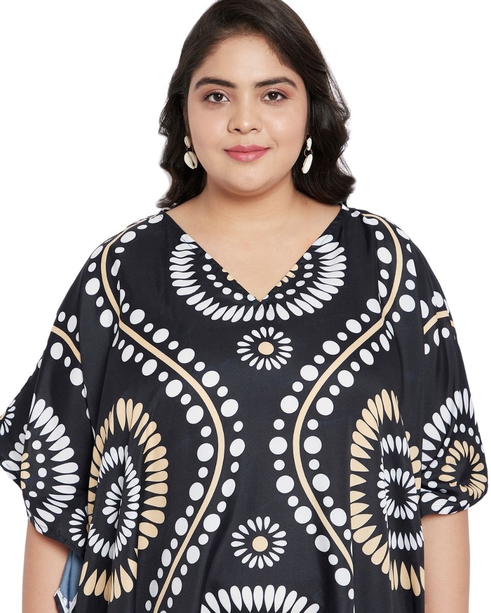 Kimono Sleeve For Plus Size Women Black Floral Pattern Kaftan