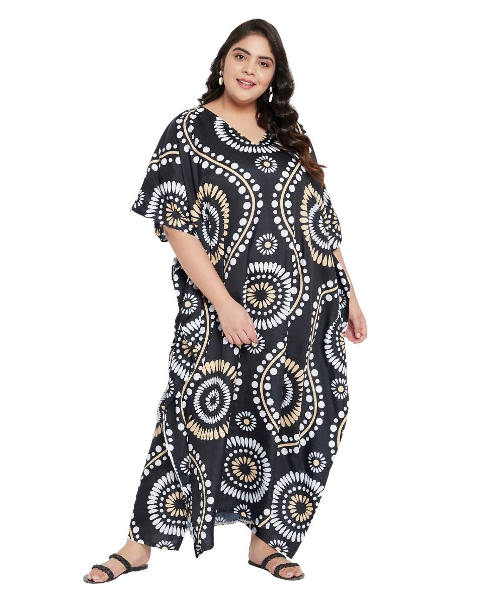 Kimono Sleeve For Plus Size Women Black Floral Pattern Kaftan