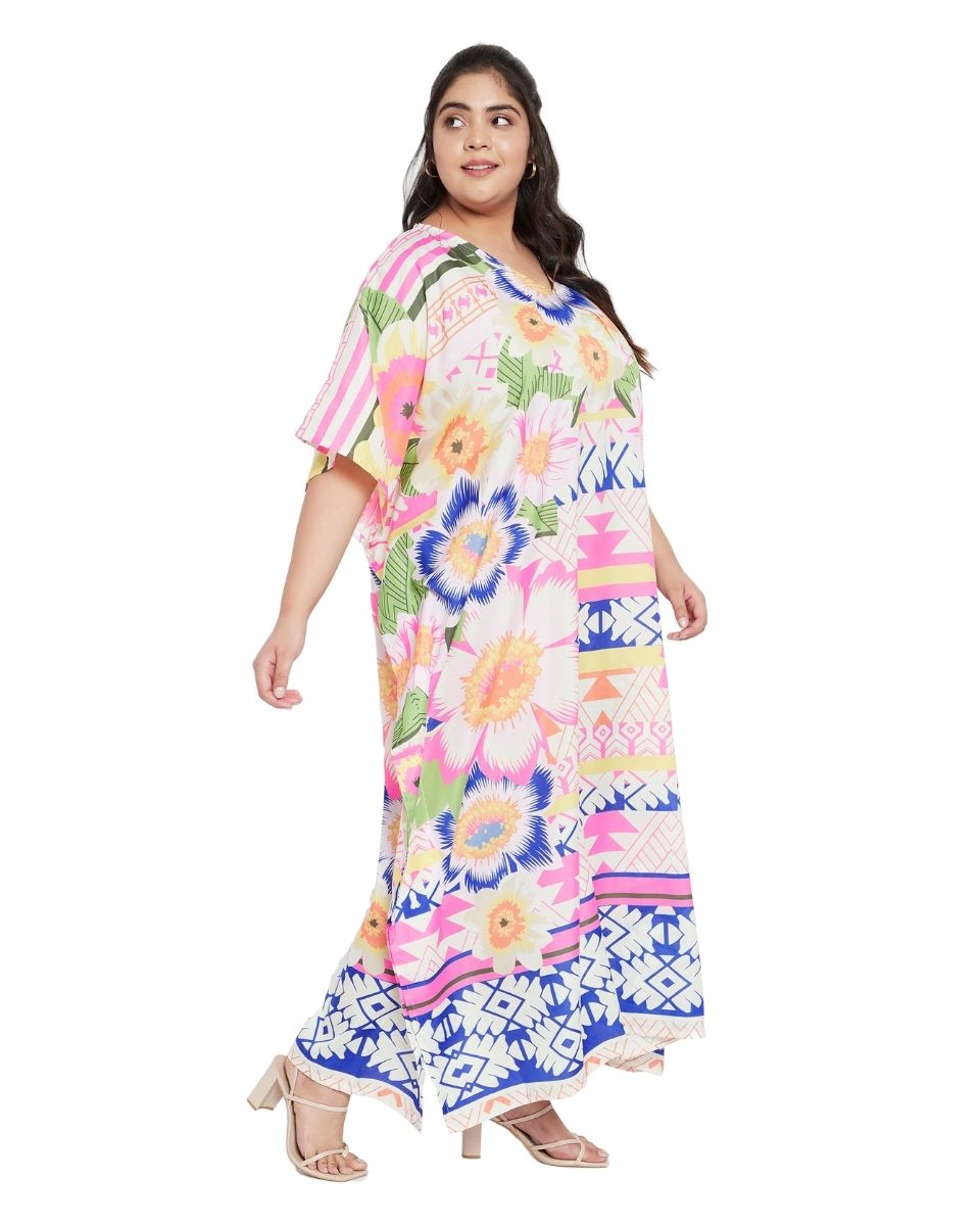 Polyester Multicolor Floral Pattern Plus Size Kaftan For Women