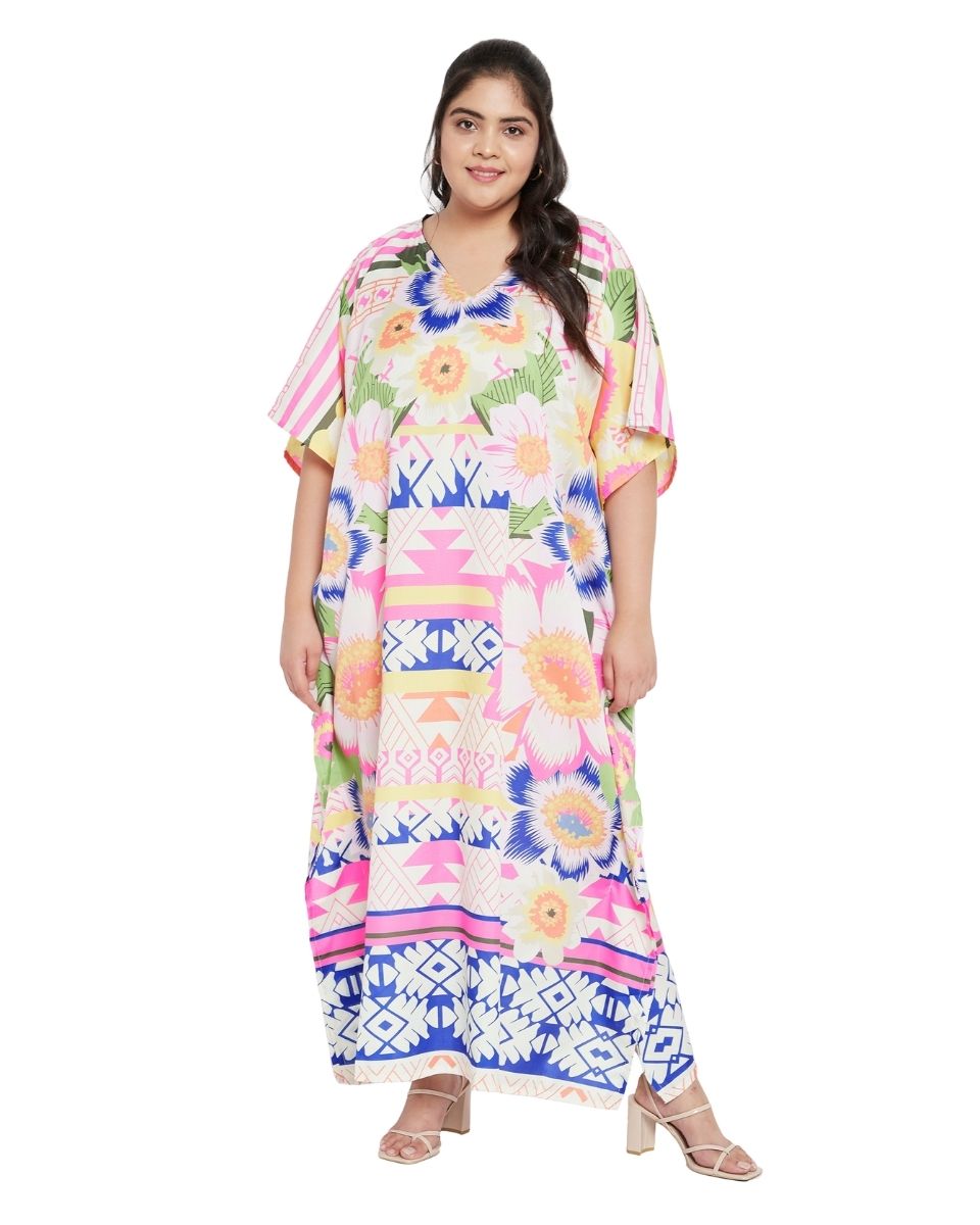 Polyester Multicolor Floral Pattern Plus Size Kaftan For Women