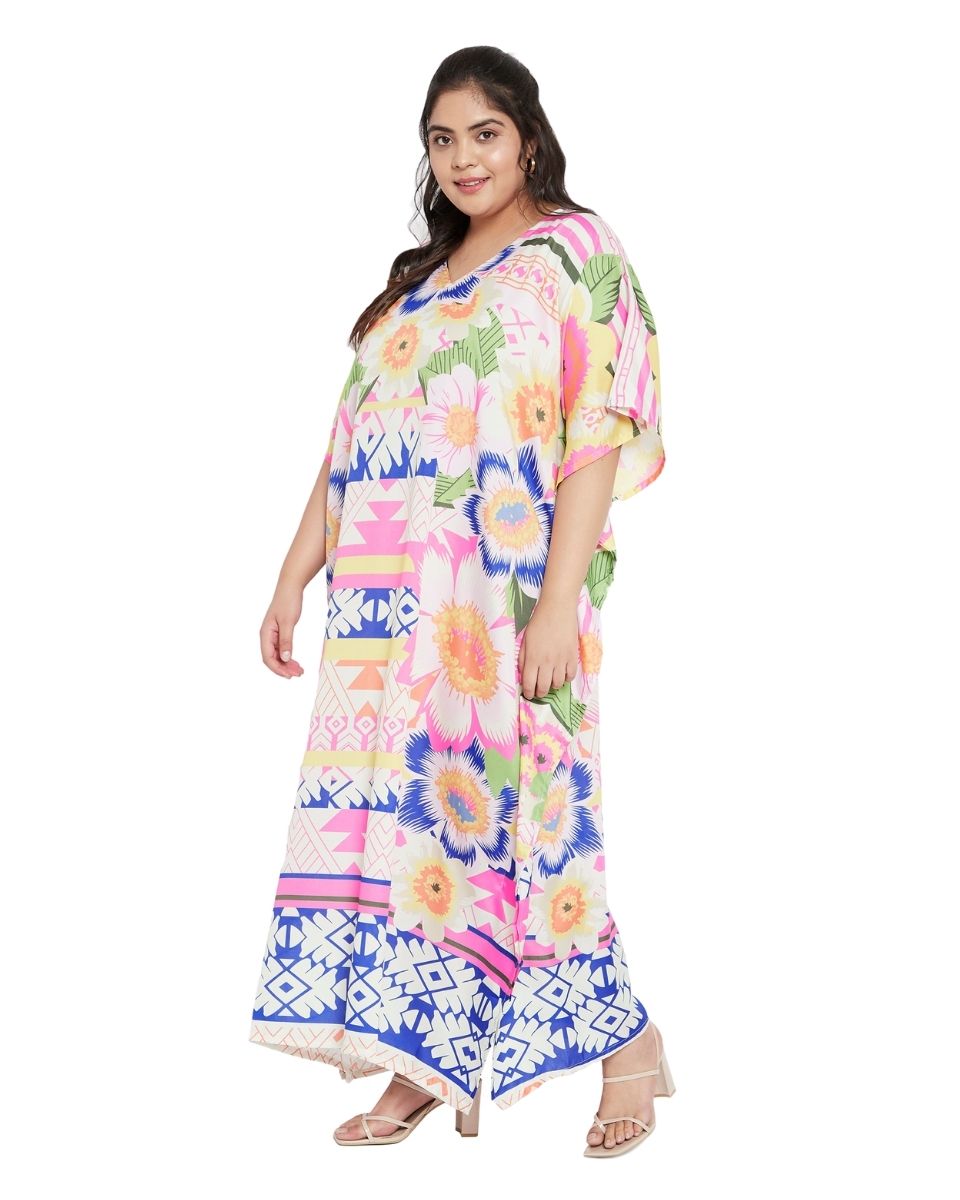 Polyester Multicolor Floral Pattern Plus Size Kaftan For Women