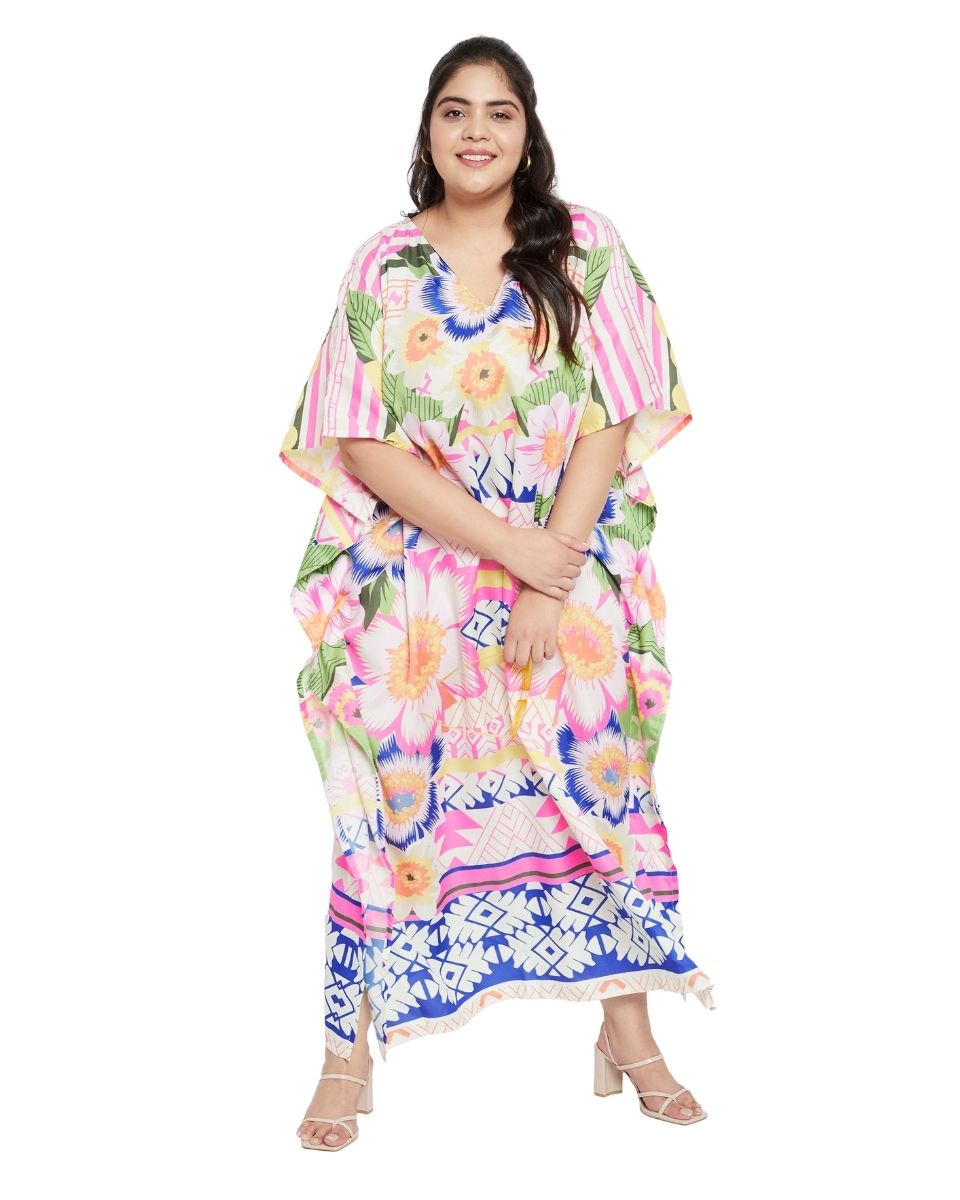 Polyester Multicolor Floral Pattern Plus Size Kaftan For Women