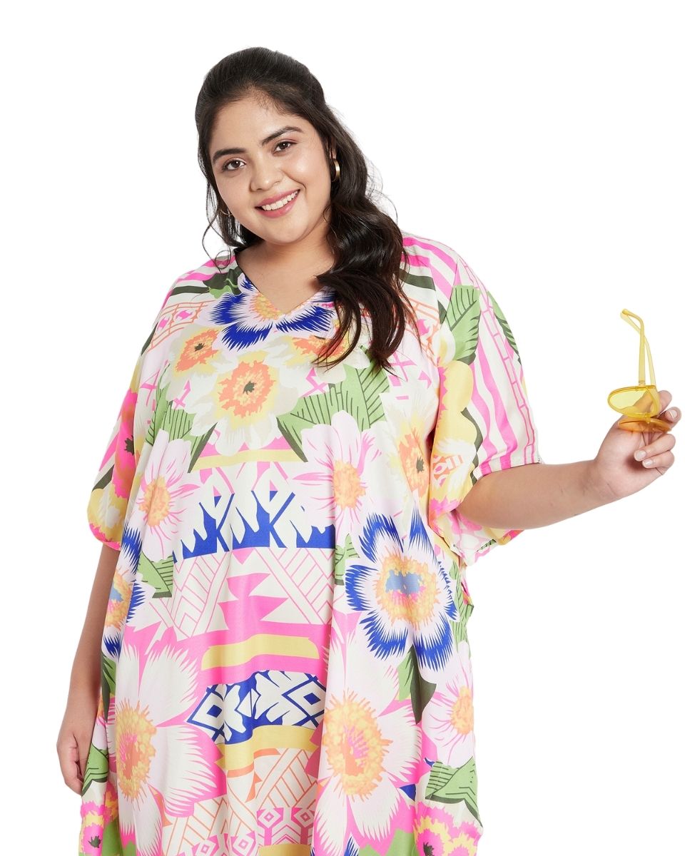 Polyester Multicolor Floral Pattern Plus Size Kaftan For Women