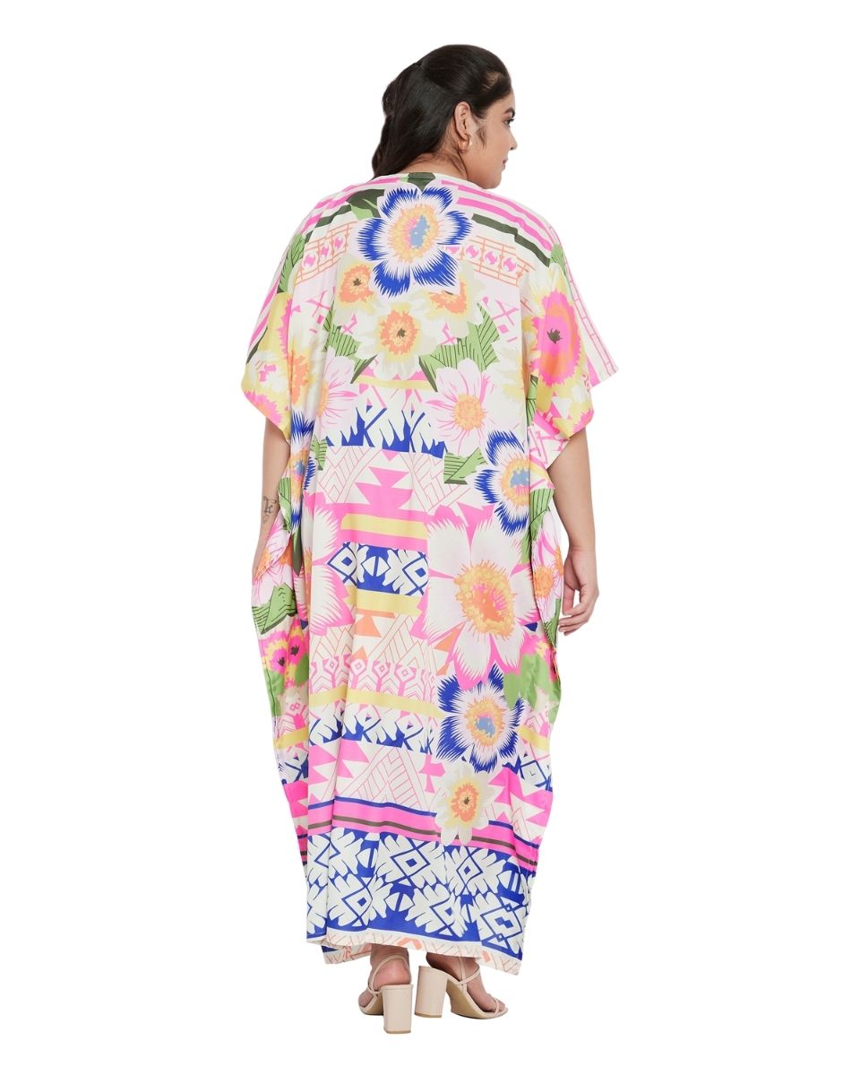 Polyester Multicolor Floral Pattern Plus Size Kaftan For Women