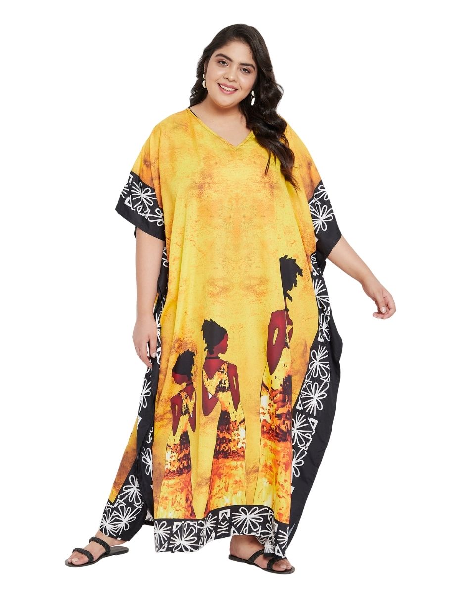 Women Yellow Lady Printed Polyester Kimono Sleeve Kaftan
