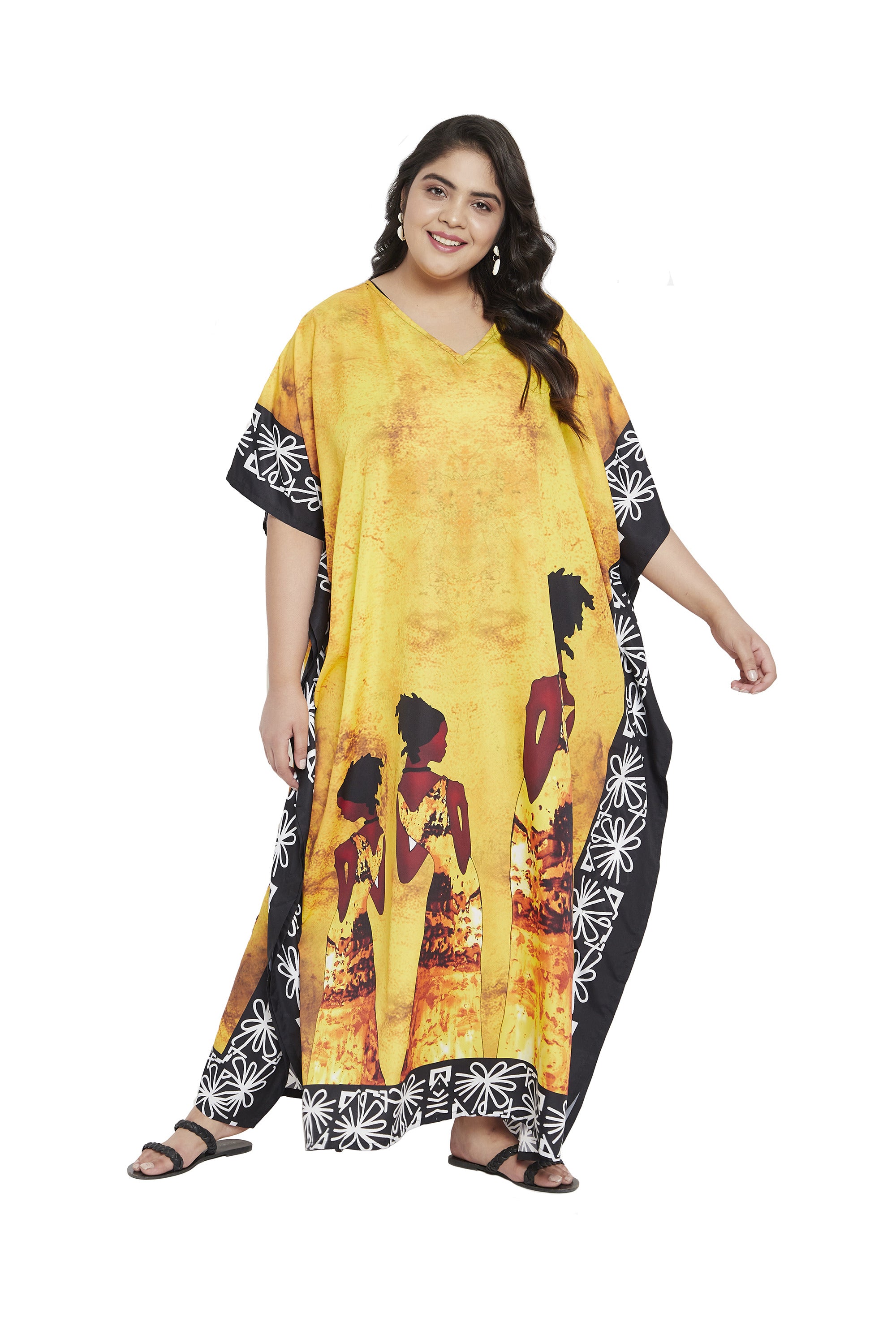 Lady Printed Yellow Polyester Kaftan For Plus Size Women