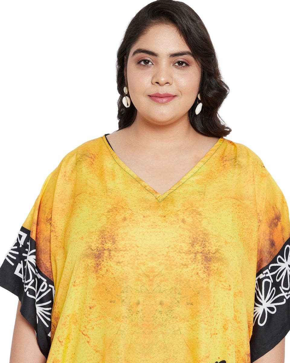 Women Yellow Lady Printed Polyester Kimono Sleeve Kaftan