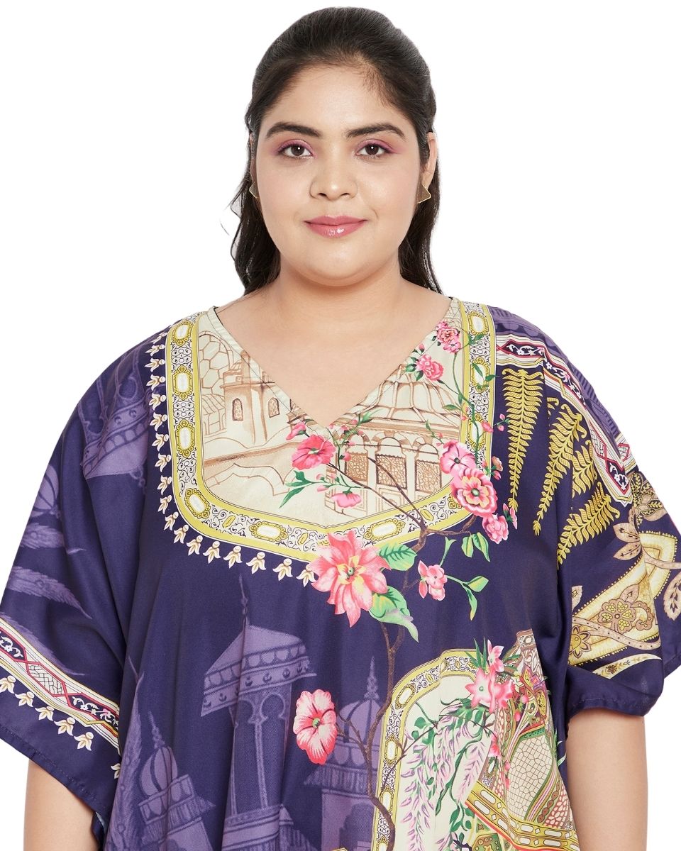 Purple Long Polyester Kimono Sleeve Kaftan For Plus Size Women