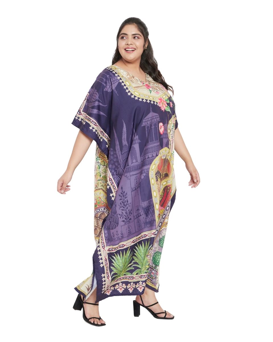 Purple Long Polyester Kimono Sleeve Kaftan For Plus Size Women