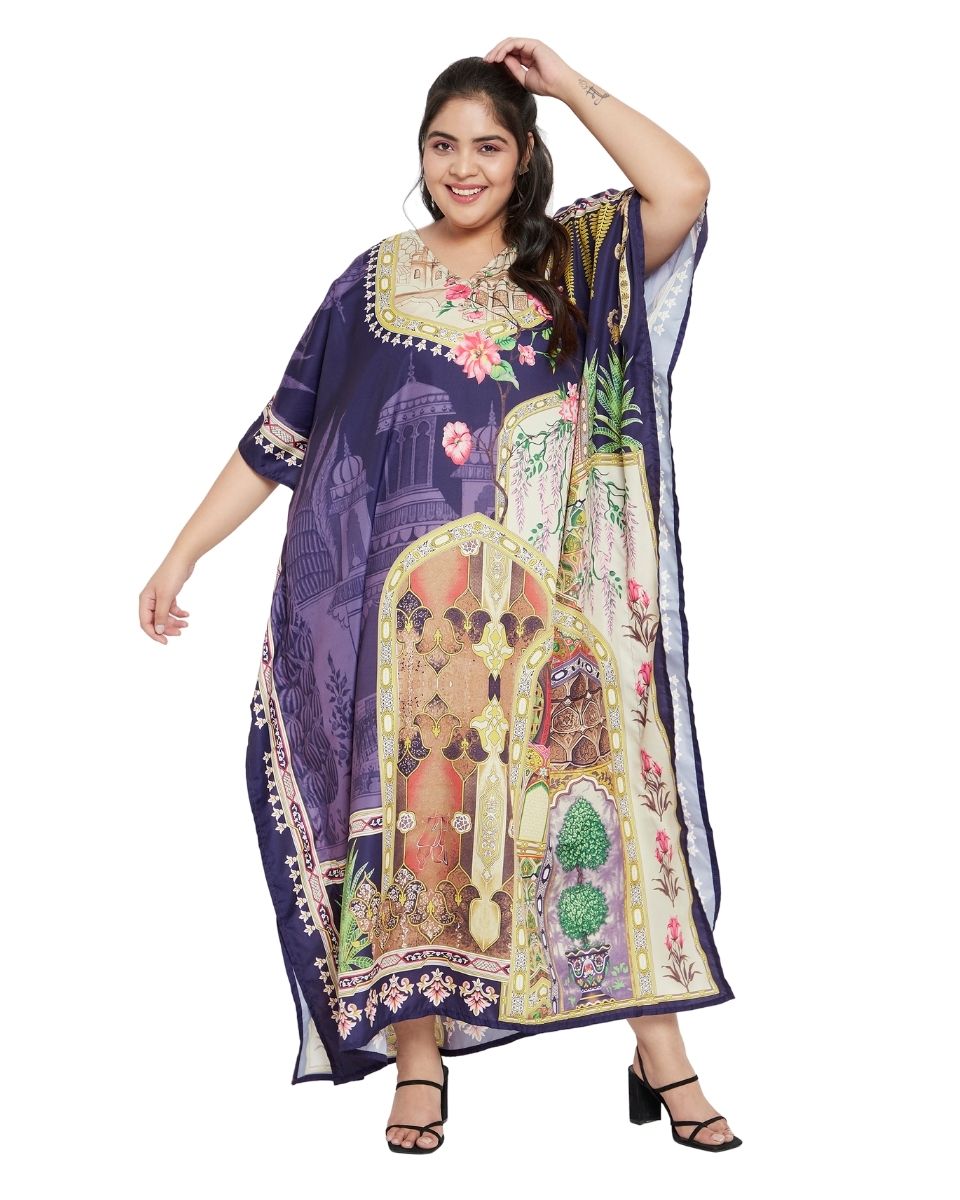 Purple Long Polyester Kimono Sleeve Kaftan For Plus Size Women