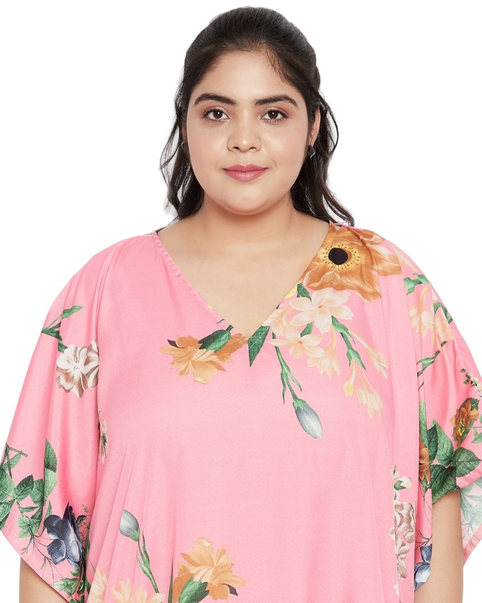 Polyester Pink Floral Pattern Kimono Sleeve Kaftan For Plus Size Women