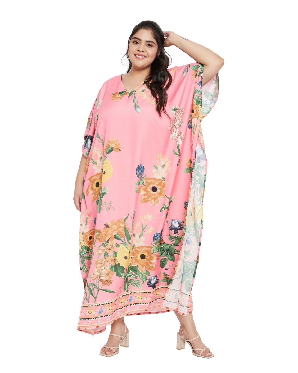 Polyester Pink Floral Pattern Kimono Sleeve Kaftan For Plus Size Women