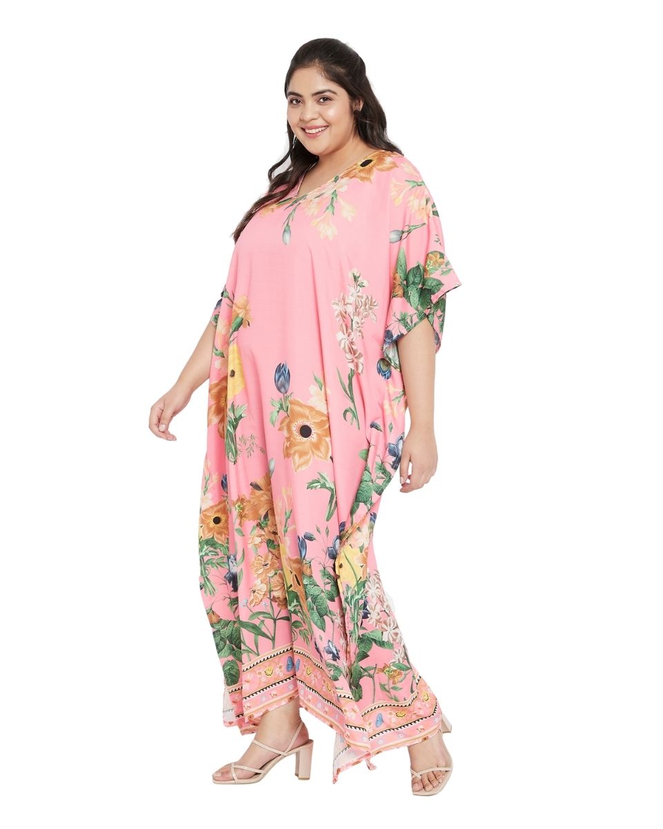 Polyester Pink Floral Pattern Kimono Sleeve Kaftan For Plus Size Women