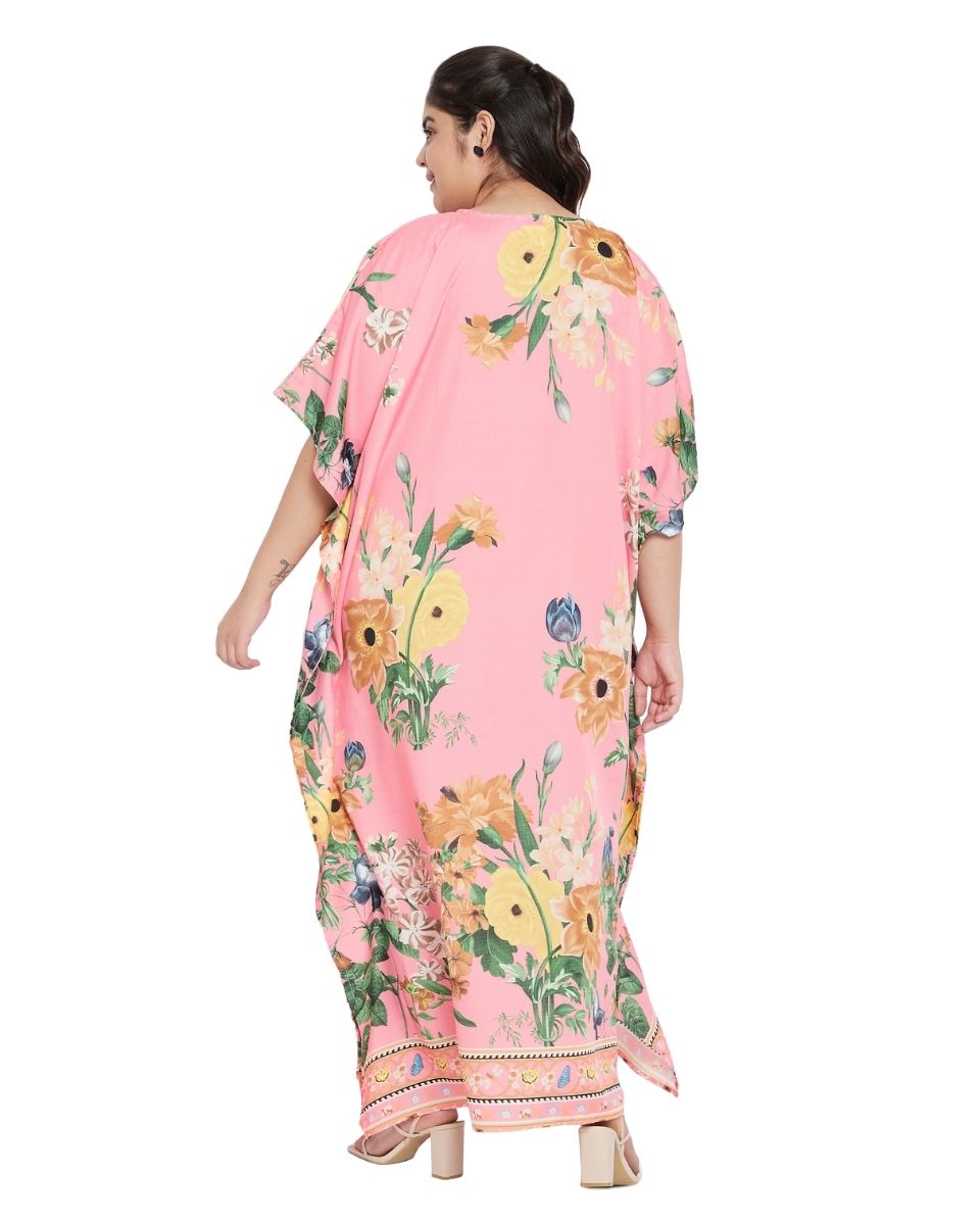 Polyester Pink Floral Pattern Kimono Sleeve Kaftan For Plus Size Women