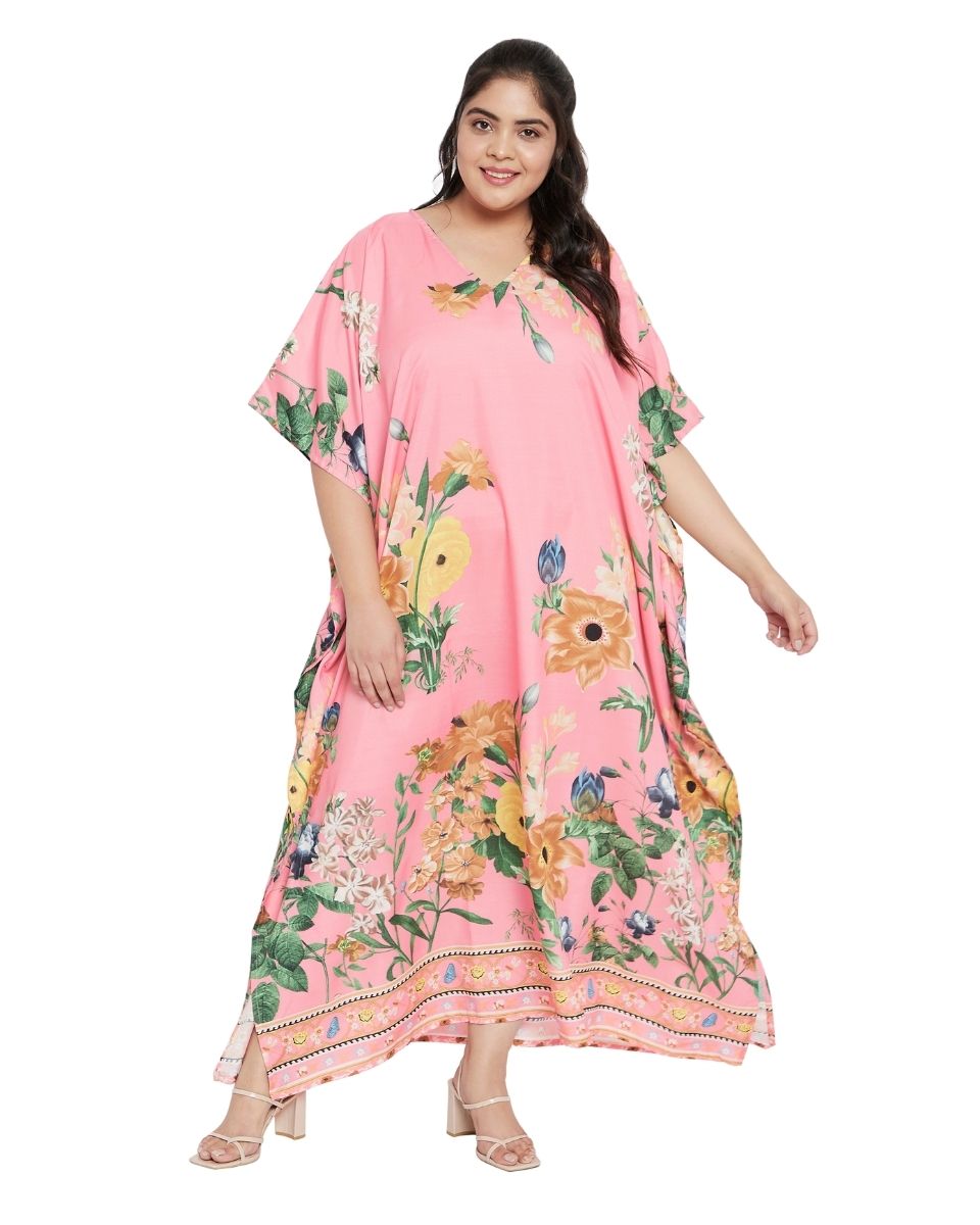 Polyester Pink Floral Pattern Kimono Sleeve Kaftan For Plus Size Women